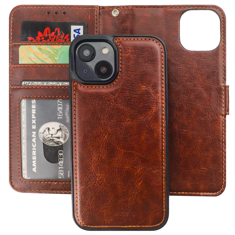 Bocasal Detachable Wallet Case for iPhone 14 RFID Blocking Card Slots Holder Premium PU Leather Magnetic Kickstand Shockproof Wrist Strap Removable Flip Protective Cover 5G 6.1 inch (Brown) Brown