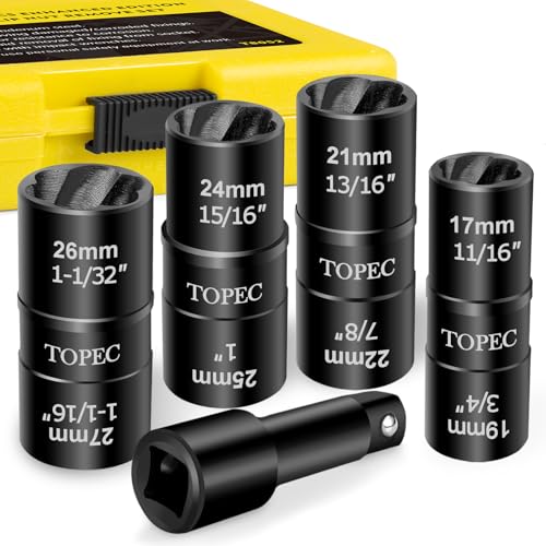 Topec Flip Lug Nut Removal Tool, 5 Piece Wheel Lock Removal Kit, 1/2" Drive Lug Nut Remover, 17-27mm Extractor Socket Set for Stripped, Rounded, Damaged Bolts 5PCS 17-27mm