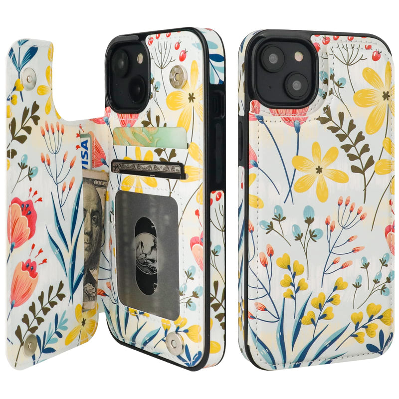 HAOPINSH for iPhone 14 Wallet Case with Card Holder, Donuts Pattern Back Flip Folio PU Leather Kickstand Card Slots Case for Women Girls, Double Magnetic Clasp Shockproof Cover 6.1" Floral Flower