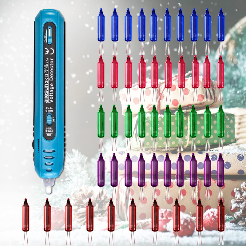 allsun Christmas Light Tester with 50pcs 2.5V Bulbs, Non-Contact Voltage Tester and Repair Tool, 12-600Vac Christmas Tree Light Tester for Holiday String Lights, Bulb and Fuse Checker Light Tester+50pcs Blubs, Christmas Light Repair Tools