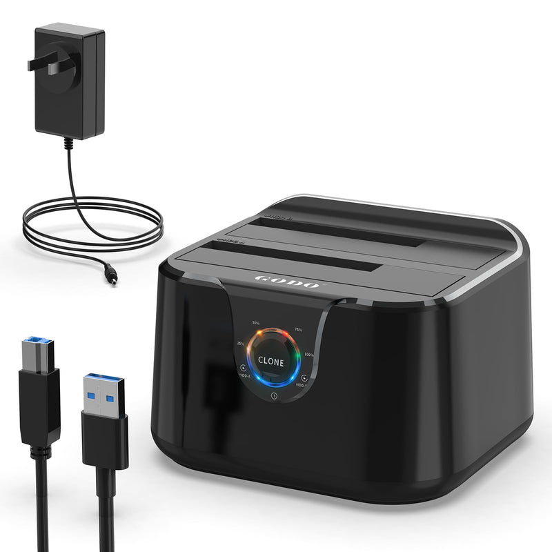 GODO USB 3.0 to SATA III Mini Dual Bay External Hard Drive Docking Station for 2.5/3.5 inch HDD SSD,Support Offline Clone,Hot Pluggable,UASP (5 Gbps) and Max 2 Bay-Black