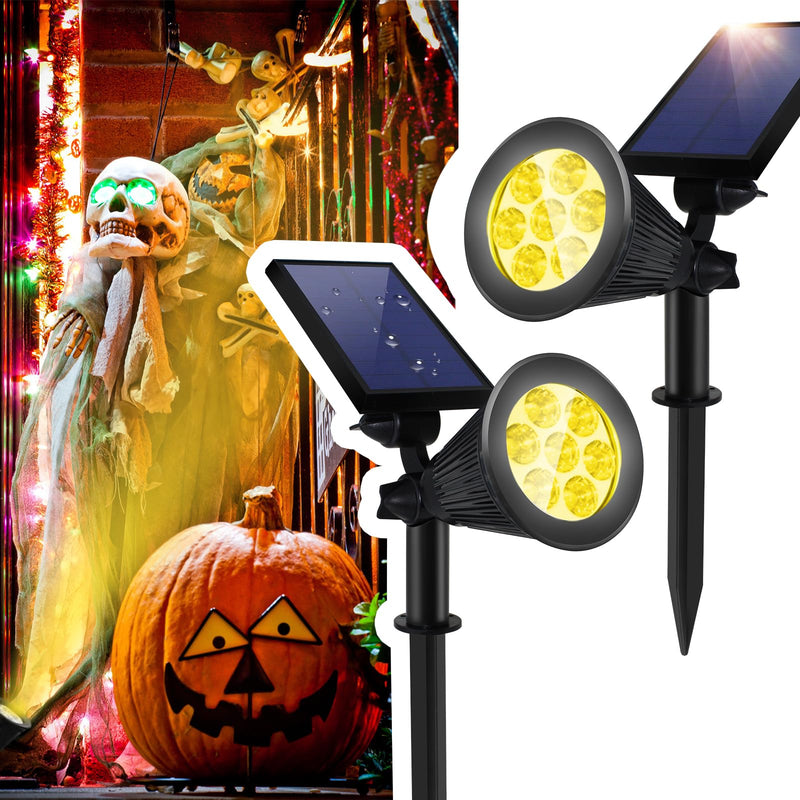 Solar Spotlights Outdoor, Bright 7-LED Spot Lights, Landscape Dusk-to-Dawn Waterproof Flag Pole Lights, 2-in-1 Adjustable Solar Powered Ground Lighting for Garden, Pathway, Halloween (2 Packs, Yellow)