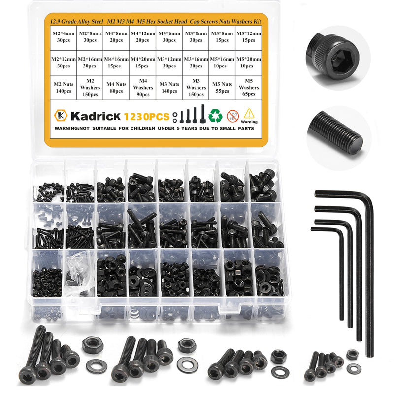 Kadrick M2 M3 M4 M5 Screws Nuts and Washers Assortment, Grade 12.9 Alloy Steel, Hex Socket Head Cap Metric Bolts and Nuts Kit, Black Zinc Palted,Anti Rust Upgrade M2-M5 1230Pcs