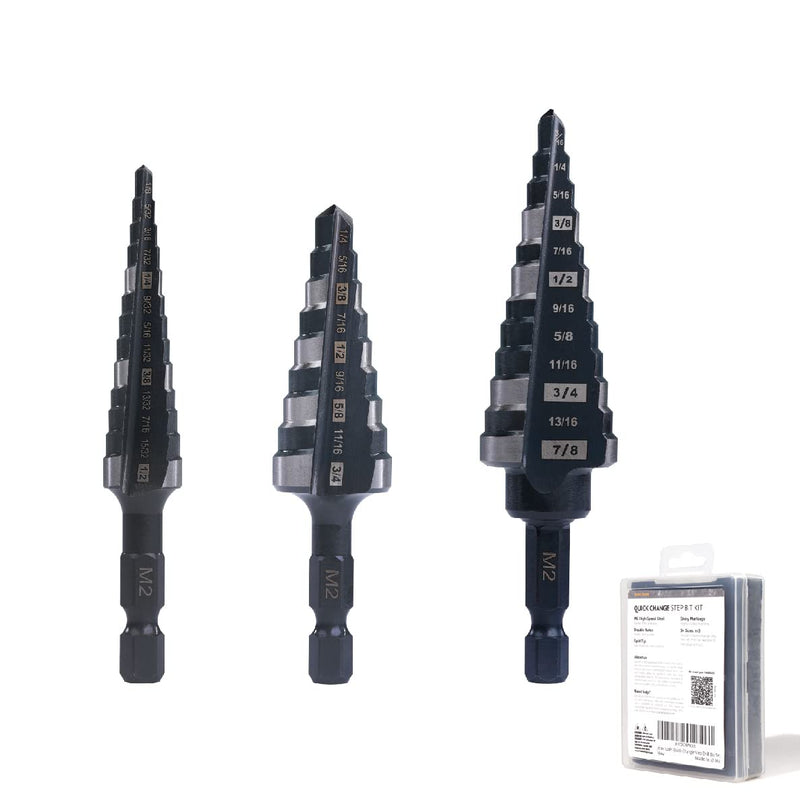 M2 HSS Quick Change 1/2", 3/4" & 7/8" Step Drill Bit Set Double Fluted Drill Bits for Hole Drilling in Stainless Steel, Copper, Aluminum, Wood, Plastic Set (1/2", 3/4" & 7/8")