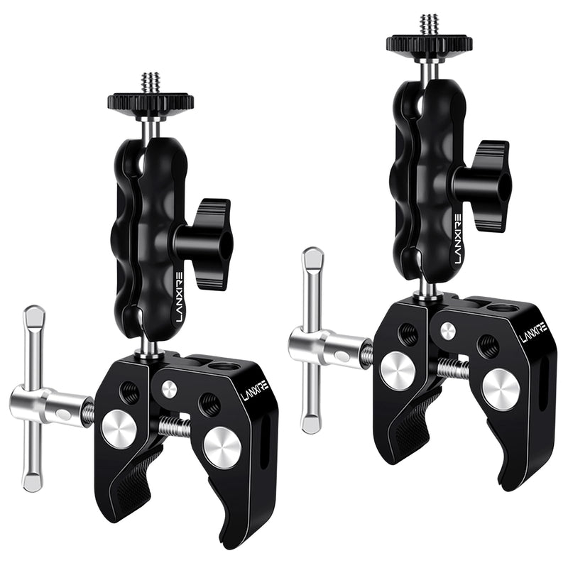 Camera Mount Clamp with Double Ball Head Adapter - 2 Pack. Compatible with LED Lights, Gopro, Insta360, DJI Action, Ronin-M, Ronin MX. 360° Ballhead and 1/4’’ + 3/8’’ Thread Hole.