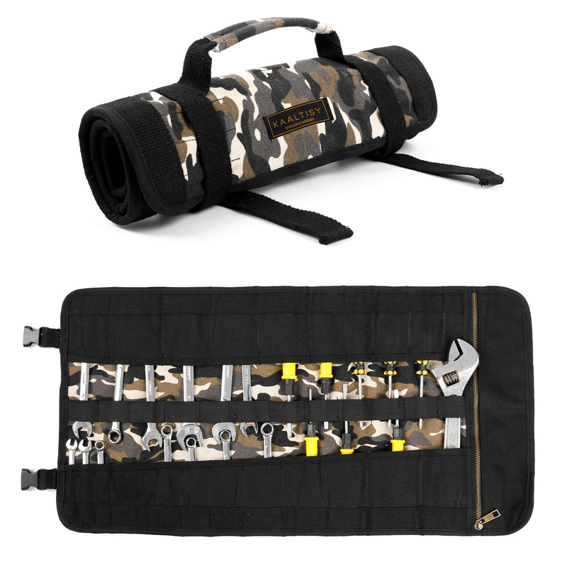 Tool Storage Roll, Heavy Duty 16oz Waxed Canvas Roll Up Tool Pouch Bag (23 Pockets & Portable Handle), Tool Carrier for Mechanic Carpenter | 26" x 13" | Camouflage Camouflage & Black
