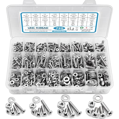 720Pcs Nuts and Bolts Assortment Kit, Machine Screws,SATANTECH #6-32#8-32#10-24#1/4-20 Stainless Steel Screws Set, Phillips Flat Head 16 SAE Sizes Assorted Nuts Bolts Washers with Labeled Case Flat Head Machine Screw kit