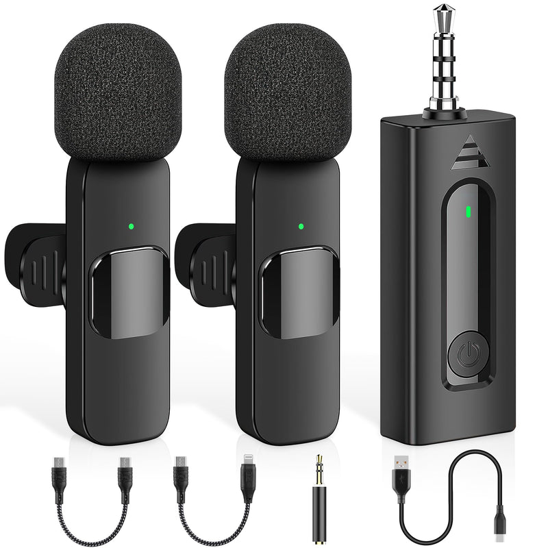4 in 1 Professional Wireless Lavalier Microphone - 2 Pack Mini Microphone for iPhone Android Camera, Noise Reduction Lapel Mic Ultra Low Delay for Video Recording, YouTube, Interview, Tiktok and Vlog Black