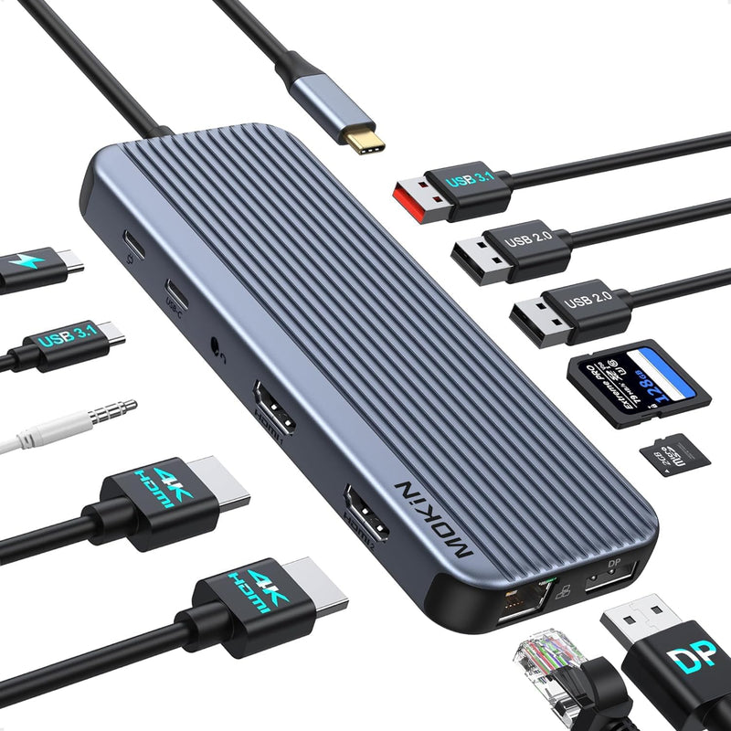 USB C Docking Station for 8K Single Monitor Display, 4K Triple Monitors Display with Dual HDMI, DisplayPort, USB 3.1, USB C 3.1, 2*USB 2.0, SD & MicroSD Slot, Audio & Mic Jack, Ethernet, PD Charging