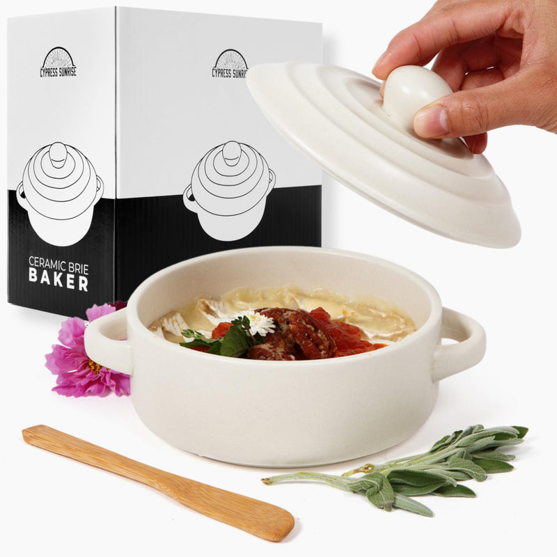 Brie Baker with Lid and Spreader - White Ceramic Baking Dish for Cheese, Baked Brie, Fondue, Dip - Oven Safe Baker Crock - 5” - Fits Standard Camembert Wheel - Gift Charcuterie Accessories Ivory
