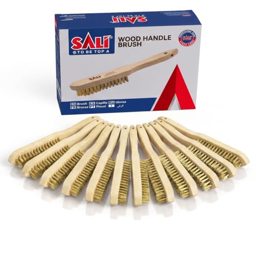 SALI Wire Brushes for Cleaning Rust Removal Plated Copper Bristles Tool for Automotive,Paint , Welding Slag,Grill,Household Clean 11" Long Curved Beechwood Handle , 14X4 Rows Bristles Pack of 12