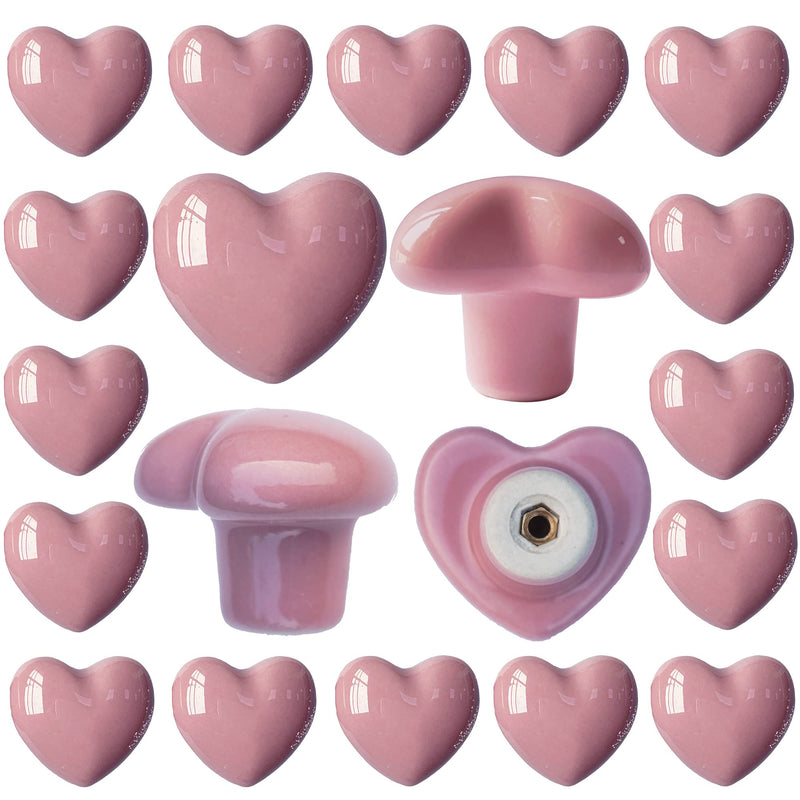 Ceramic Drawer Knobs Heart Shape Cabinet Dresser Pulls Handles with 3 Sized Screws, Kitchen Furniture Knobs for Closet Cupboard Wardrobe (20, Pink) 20 Pack