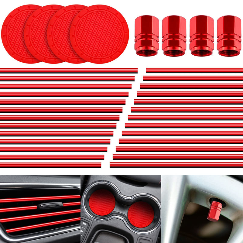 28 Pcs Car Interior Accessories Including 20 Pcs Car Air Conditioner Decoration Strip 4 pcs Non Slip Silicone Car Cup Coaster 4 pcs Car Tire Valve Stem Caps for Most Cars SUVs Trucks (Red) Red