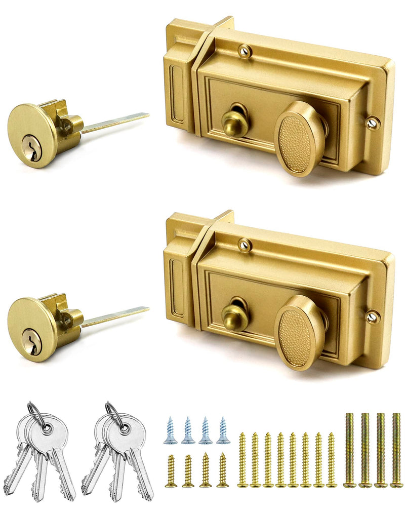 QWORK Night Latch Deadbolt Rim Lock with Key, 2Pack Gold Finish Antique Style Lock with Front Door Key