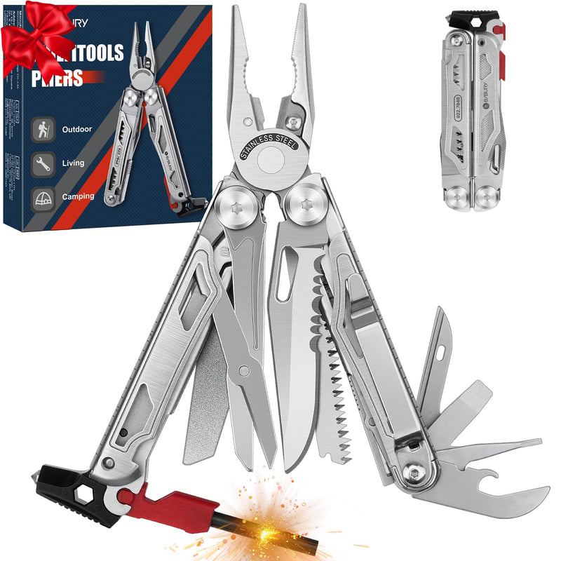 BIBURY Multitool Pliers BI2038B, 22-in-1 Stainless Steel Multi Tool with Flint, Window Breaker, Scissors, Back Clip, Folding Pocket Multifunctional Self-locking EDC Tool for Survival Camping Hiking