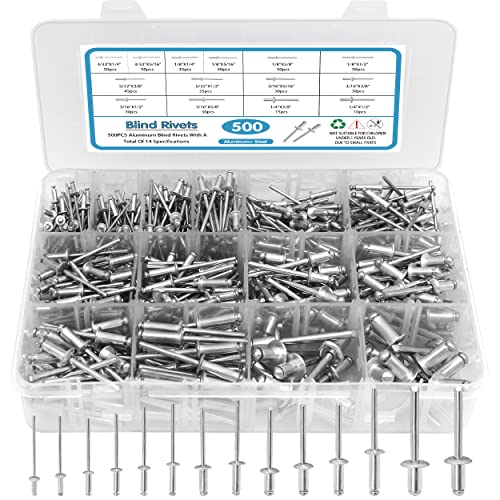 SATANTECH 500pcs Pop Rivets Assortment Kit,14 SAE Sizes Aluminum Rivets (3/32" 1/8" 5/32" 3/16" 1/4"), Assorted Blind Rivets with Reinfored Divider & Labeled Case Silver