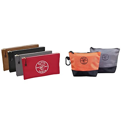 Klein Tools 5141 Canvas Zipper Bag, 12.5 x 7-Inch, Brown/Black/Gray/Red 4-Pack & 55470 Utility Bag, Stand-Up Zipper Tool Bags, Orange/Black, Gray/Black, 2-Pack