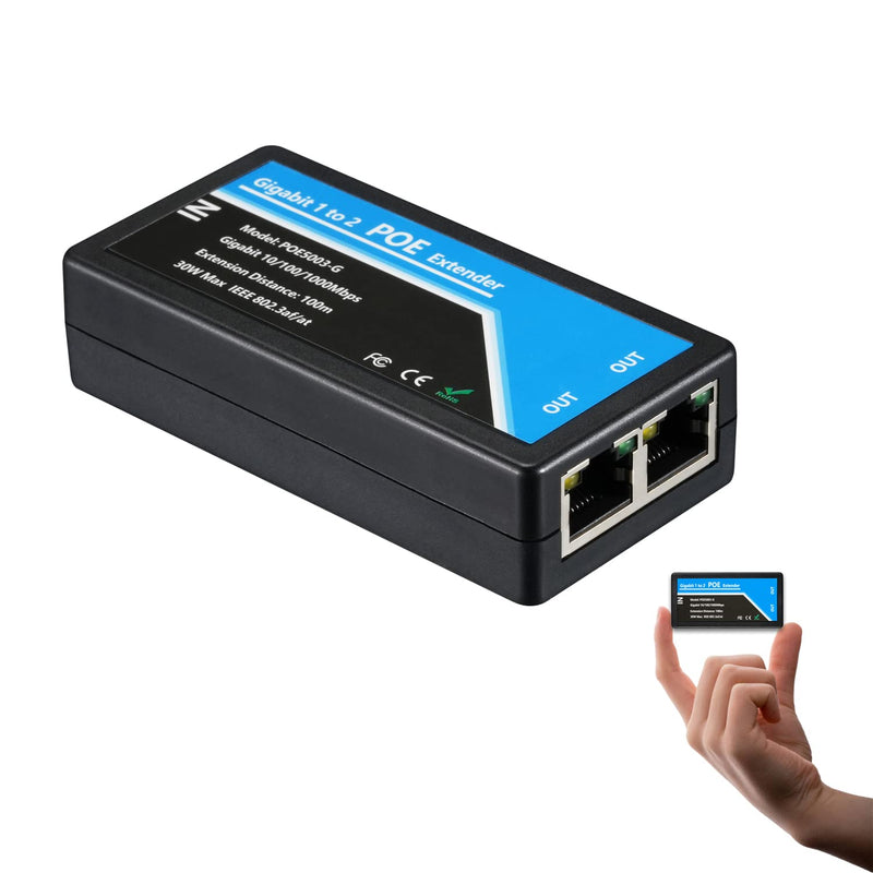 Revotech Gigabit 2 Port POE Extender, IEEE 802.3af/at PoE+ Standard, 10,100,1000Mbps, POE Repeater 100 Meters(328 ft), Extender 1 in 2 Out, Power Supply for PoE Camera/PoE Device (POE5003-G)