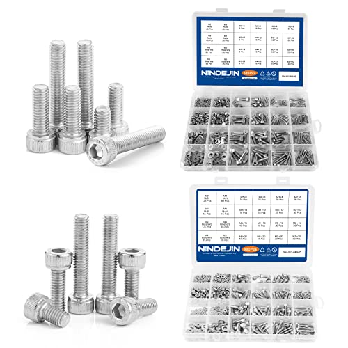 NINDEJIN M2 M3 M4 M5 Hex Socket Cap Screw Machine Screws Assortment Kit, Metric Screws with Nut and Washer & Wrench (580pcs+880pcs, 304 Stainless Steel)