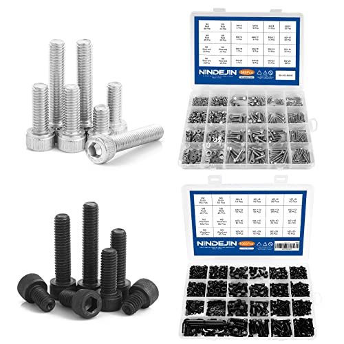 NINDEJIN M2 M3 M4 M5 Machine Screws Assortment Kit, Hex Socket Head Cap Screws Bolts, Nuts, Washers & Wrench (580pcs Stainless Steel+1060pcs Carbon Steel)