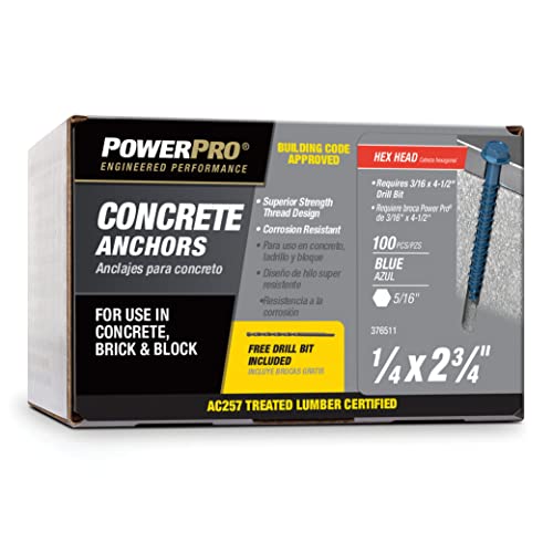 Power Pro Blue Hex Washer-Head Concrete Screw Anchors (1/4" x 2-3/4") - 100 pc 1/4" x 2-3/4"