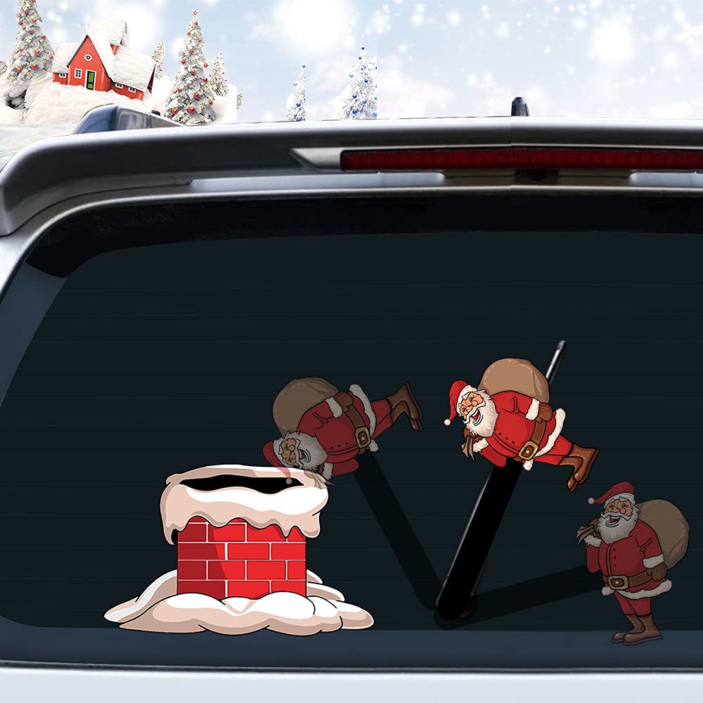 Christmas Santa Claus and Chimney Rear Window Wiper Decal Funny Waving Arm Wiper Sticker Reusable Windshield Wiper Decal Christmas Decoration Car Sticker (Santa Claus with Gift and Chimney) Santa Claus With Gift and Chimney