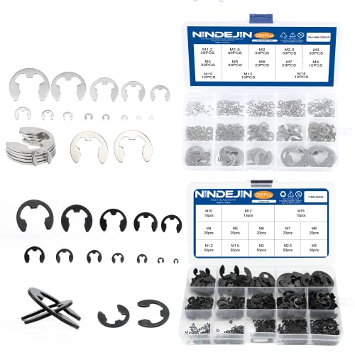 NINDEJIN E-Clip Retaining Rings, 13 Sizes External Snap Ring Clip Kit for Projects–Car Engines, Locking Mechanisms, Gears Pulleys Axles Shafts (290pcs 304 Stainless Steel+395pcs Carbon Steel)