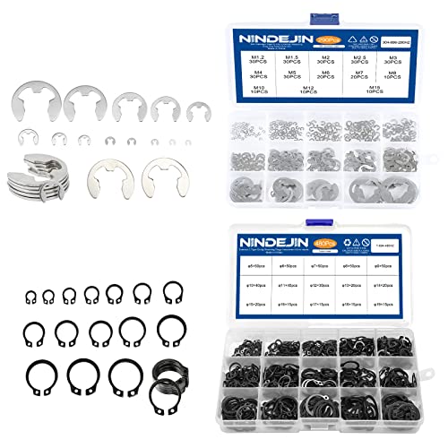NINDEJIN 290pcs E-Clip Retaining Rings Assortment Kit (13 Sizes, 304 Stainless Steel) + NINDEJIN 480pcs C-Clip Snap Rings Assortment Set (15Sizes, Carbon Steel)