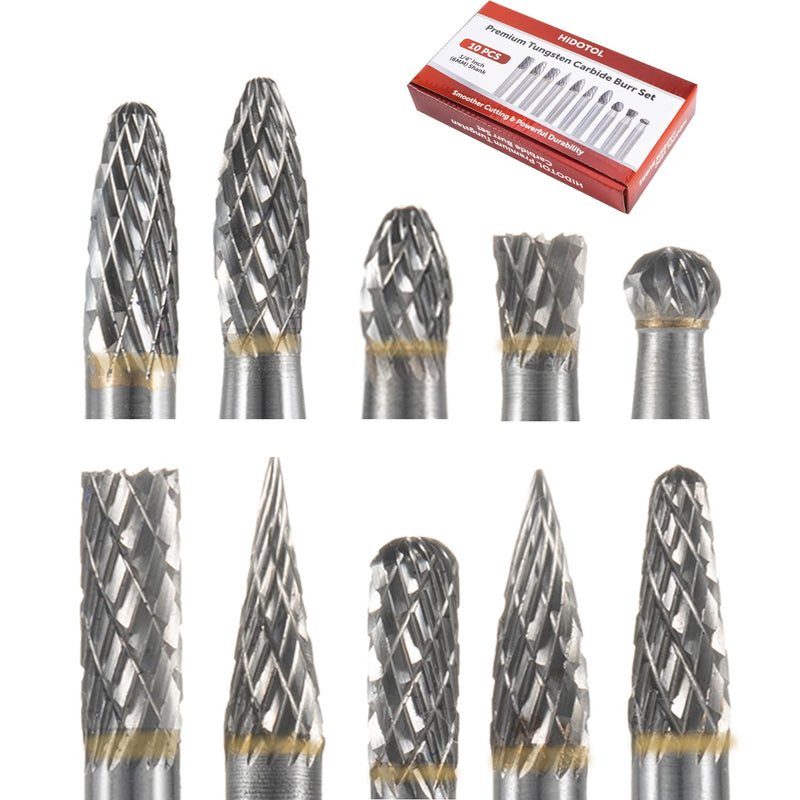 HIDOTOL Carbide Burr Set 10PC 1/4" Shank – 6mm Tungsten Double Cut Carbide Rotary Burr Set for Metal and Wood Carving, Grinding, Polishing, Engraving, Drilling. 10PC - 1/4 shank 6mm