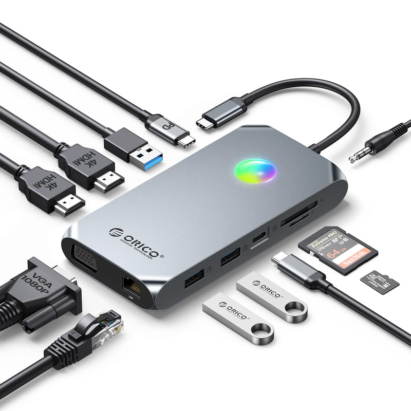 Docking Station USB C to Dual HDMI Adapter, ORICO 12 in 1 RGB USB C Hub with Dual HDMI, VGA, 100W PD, Ethernet, 4 USB Ports, SD/TF, Audio, 14 RGB Lighting Modes, Compatible for Windows/Mac OS（Grey） X1 Grey