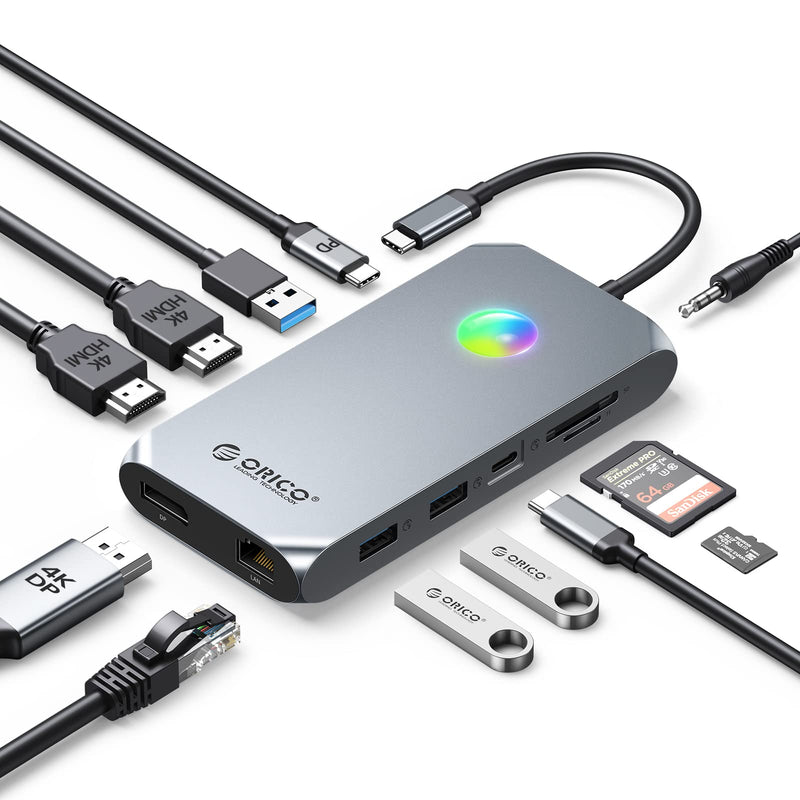 Docking Station USB C to Dual HDMI Adapter, ORICO 12 in 1 RGB USB C Hub with Dual HDMI, DP 1.4, 100W PD, Ethernet, 4 USB Ports, SD/TF, Audio, 14 RGB Lighting Modes, Compatible for Windows/Mac OS（Grey） X3 Grey