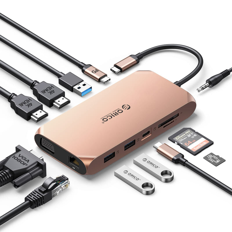 Docking Station USB C to Dual HDMI Adapter, ORICO 12 in 1 USB C Hub with Dual HDMI, VGA, 100W PD, Ethernet, 2 USB-A 3.1, 1 USB 2.0, 1 Type-C 3.1, SD/TF, Audio, Compatible for Windows/Mac OS（Rose Gold） X11 Rose Gold