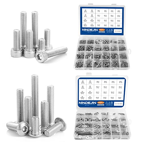 NINDEJIN M2 M3 M4 M5 Stainless Steel Hex Socket Head Cap Screw Machine Screws Bolts & Flat Washers & Nuts Assortment Kit with Allen Key(Socket Head + Round Head)