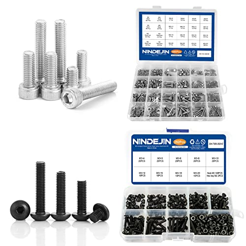 NINDEJIN M2 M3 M4 M5 Hex Socket Cap Screw Machine Screws Assortment Kit (580pcs Stainless Steel) + NINDEJIN M3 Button Head Hex Socket Cap Screw Bolt and Nut Set (282pcs Carbon Steel)