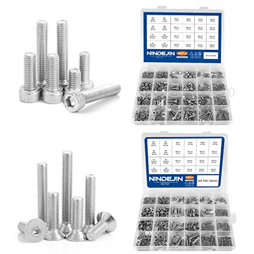 NINDEJIN M2 M3 M4 M5 Stainless Steel Hex Socket Head Cap Screw Bolts, Nuts Set and Washers Assortment Kit + Wrenches (Socket Head + Flat Head)