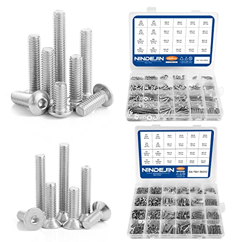 NINDEJIN M2 M3 M4 M5 Stainless Steel Hex Socket Cap Screw Metric Screws Bolts & Nuts & Washers Assortment Kit with Allen Key (Button Head+Flat Head)