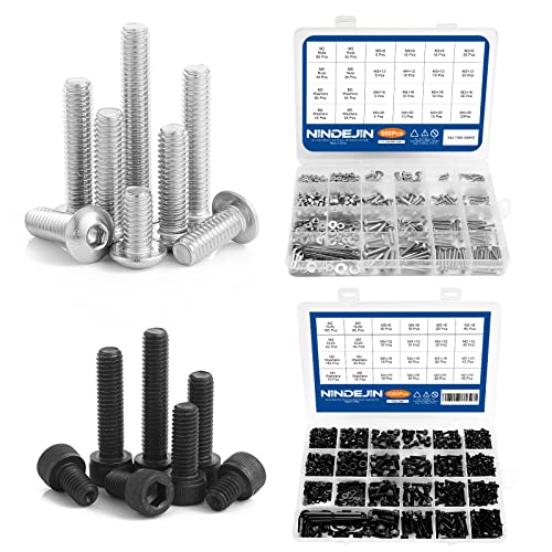 NINDEJIN 580pcs M2 M3 M4 M5 Button Head Socket Cap Screws Kit (Stainless Steel) and 1060pcs M2 M3 M4 M5 Socket Head Screws Kit (Alloy Steel)