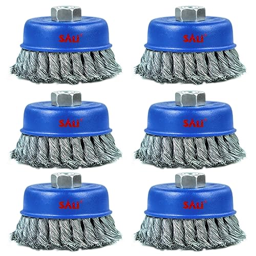 SALI 6 Pack Wire Cup Brush, 4 Inch Twisted Knotted Cup Brush for Grinders, with 5/8-11 Inch Arbor for Heavy Cleaning Rust, Stripping and Abrasive, for Angle Grinder Twiste Wire 6.0