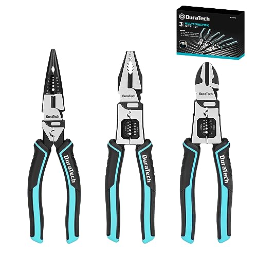 DURATECH 3PCS Pliers Set, Large 6 in 1 Multifunctional Wire Stripper Crimper Cutter, 8.5" Long Nose Pliers, 8.5" Linesman Pliers, 8" Diagonal Side Cutting 3PCS Set