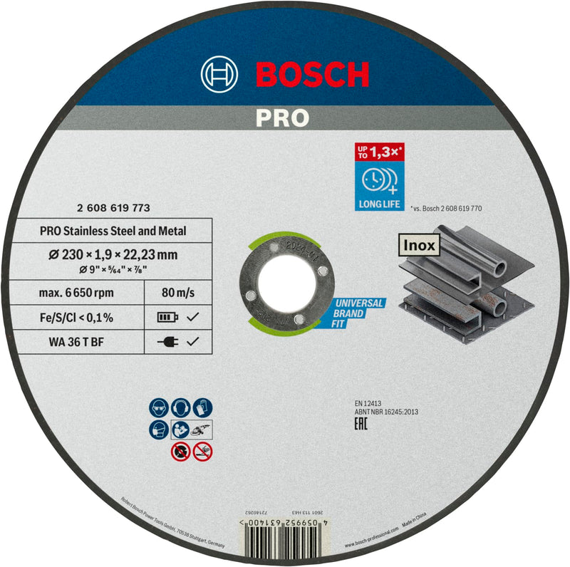 Bosch Professional 1x Standard for Inox Trennscheibe (für Edelstahl, Ø 230 x 1,9 x 22,23 mm, Gerade, Zubehör Winkelschleifer) Diameter 230 x 1.9 x 22.23 mm straight M14