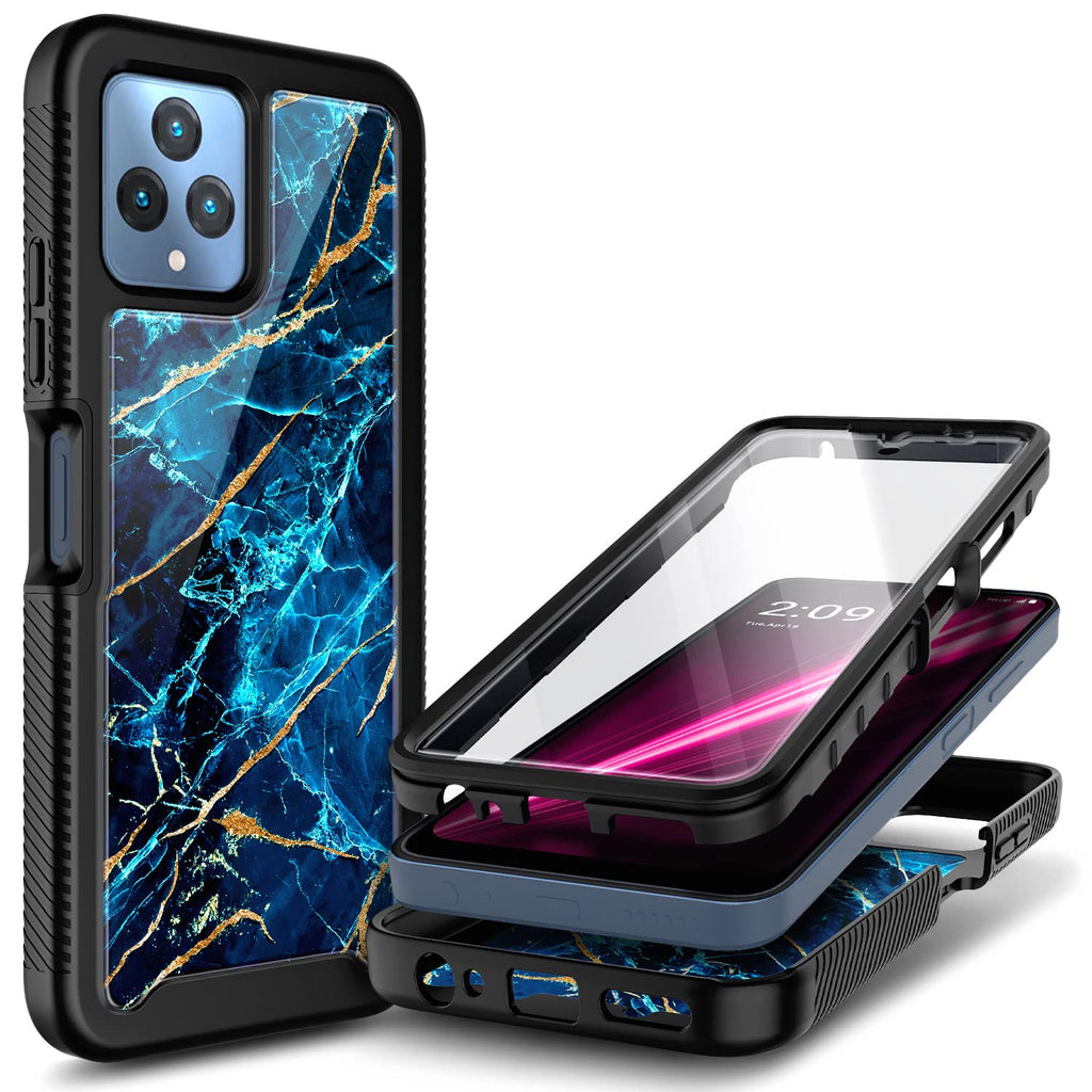 NZND Case for T-Mobile REVVL 6 5G / REVVL 6X 5G with [Built-in Screen Protector], Full-Body Shockproof Protective Rugged Bumper Cover, Impact Resist Phone Case (Marble Design Sapphire) Marble Design Sapphire