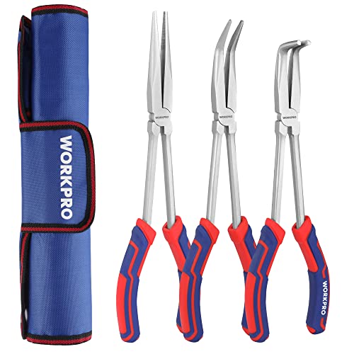 WORKPRO 3PC Long Reach Plier Set, 11" Straight, 90° & 45° Bent Nose Pliers