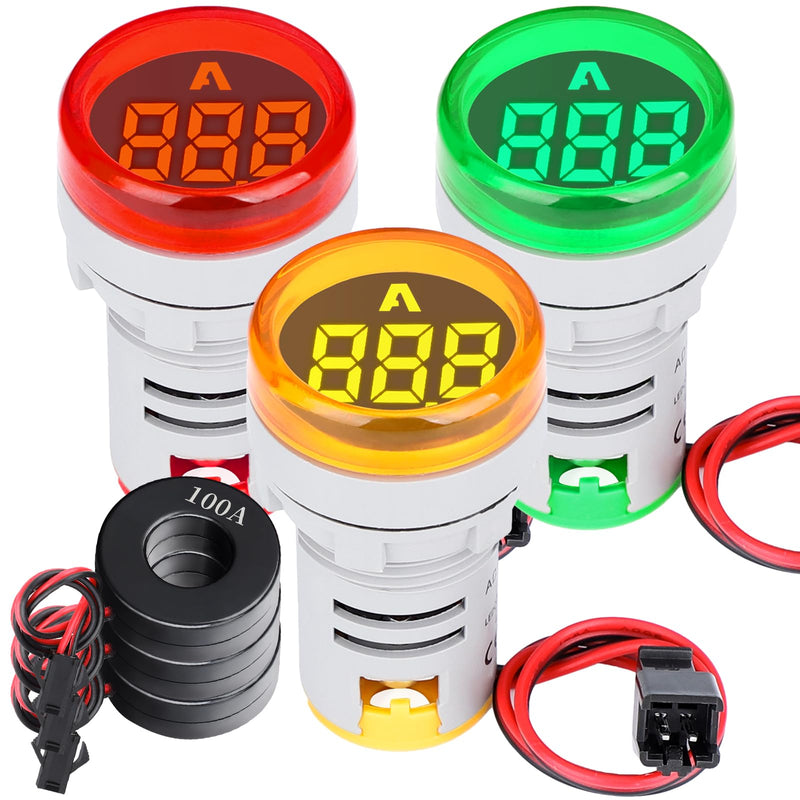 DROK AC Amp Meter 100A, Pack of 3 AC 0-100A Current Tester Digital Larger LED Screen Current Meter Suitable for 110V 220V Green Red Yellow Signal Indicator Light Panel Regular Amp - Circular