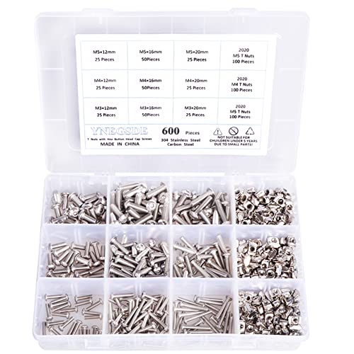 600Pcs M3 M4 M5 2020 Series T Nuts & Button Head Socket Bolts Assortment Kit – Nickel-Plated Carbon Steel T-Nuts & 304 Stainless Steel Button Head Hex Socket Bolts for 3D Printers, CNC, Industrial