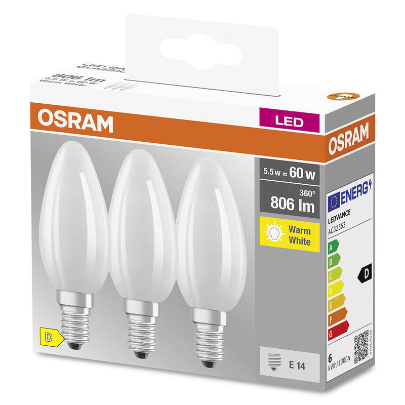 Osram Star Filament Lamp for E14 Base, Matte Glass, Warm White (2700K), 806 Lumens, Replacement for Conventional 60W Bulbs, Non-Dimmable, Pack of 3 2700k Warm White 3-pack Candle mould