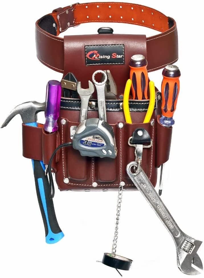Rising Star Wears Professional Tool Belt with Suspenders | Leather Carpenter & Electrician Tool Belt | Heavy Duty Construction Belt for Men
