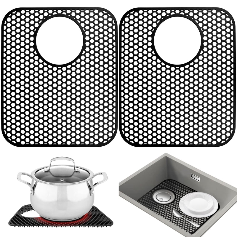 Sink Protectors for Kitchen Sink,2 PCS Silicone Kitchen Mat 13.58"x11.6",Non-Slip Bottom Guard Compatible with Farmhouse/Stainless Steel/Porcelain(Black, Rear Drain) 13.58"x 11.6"-Rear Drain(Black)
