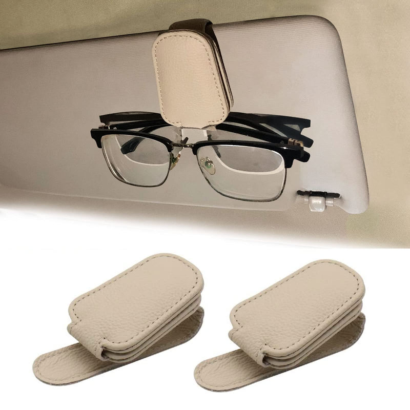 2 Pack Leather Car Visor Sunglass Holder, Magnetic Leather Glasses Eyeglass Hanger Clip for Car, Sunglass Clip Glasses Holder for Car Visor（Beige） Khaki