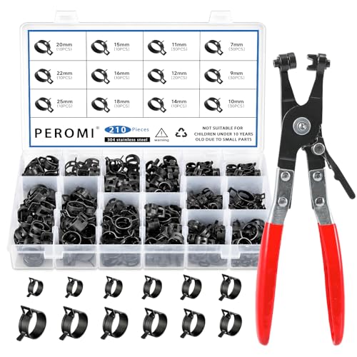 210Pcs Steel Spring Band Hose Clamp Kit (7-25mm) with Swivel Flat Pliers – Multi-Purpose Assortment for Fuel Line, Silicone, Vacuum Hoses Low-Pressure Air & Automotive Clip Clamps 210pcs with Plier