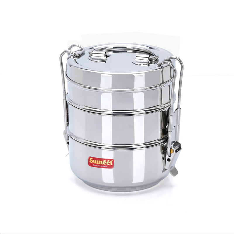 Sumeet Stainless Steel 3 Compartment Lunch Box/Tiffin with Lid and Handle, 11.5Cm Dia, (1500ML, Silver) | Stackable, Traditional Tiffin Container / Dabba with Handle for Office, 11.5Cm Diameter 1500ml 3 Tier